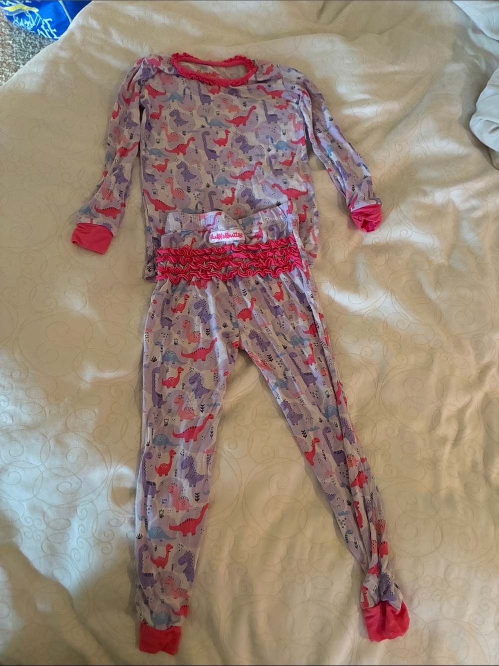 Ruffle Butts Purple Pajama Set with Pink Trim and Dinosaur Print